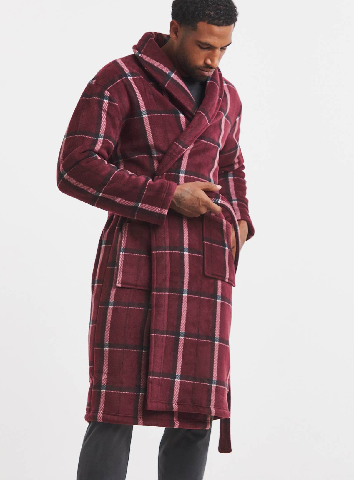 JACAMO Check Borg Lined Fleece Dressing Gown Red XL - Image 3